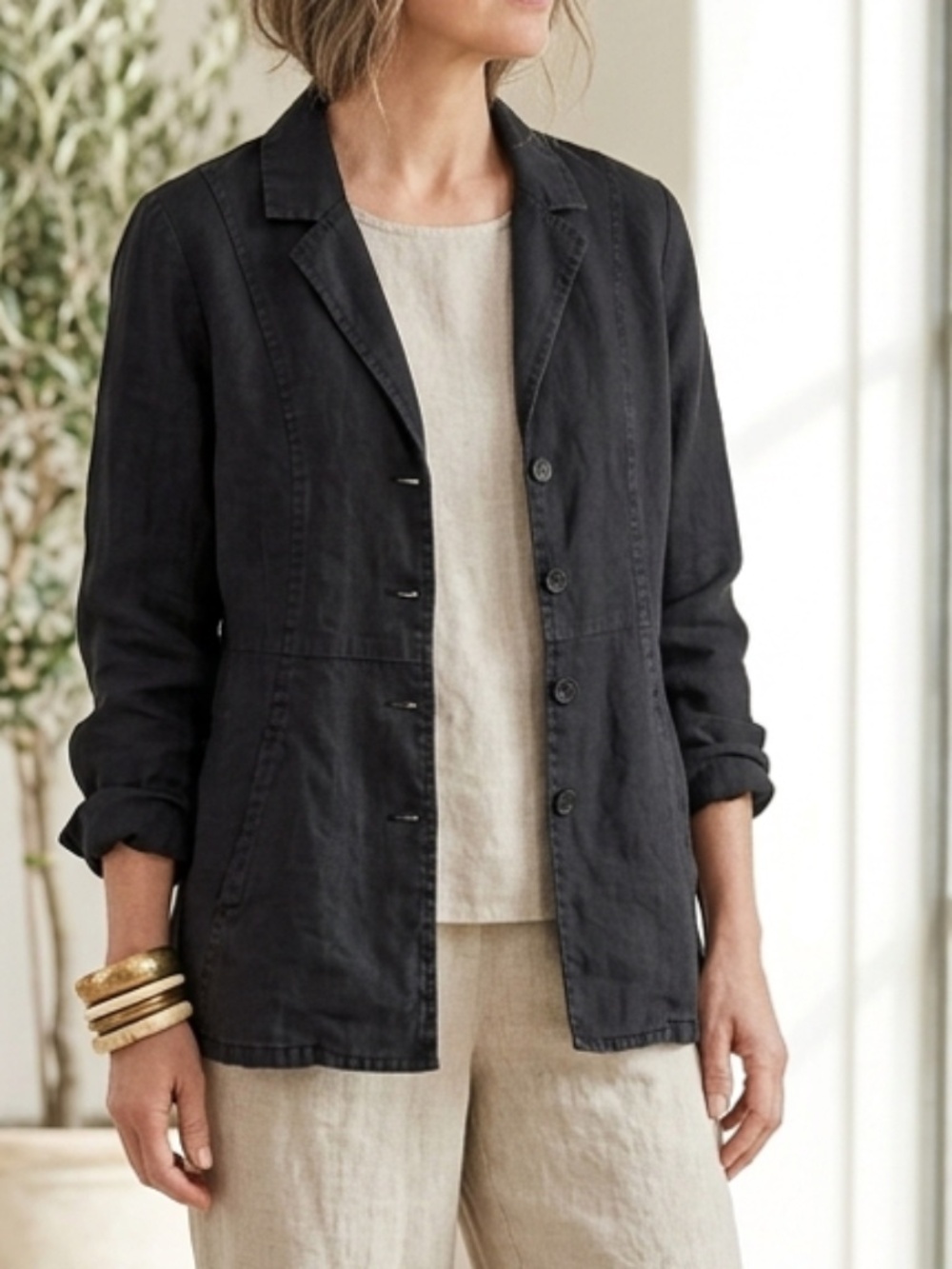 FLAX Black 100% Linen Button-Front Jacket Curved Seams (Petite)